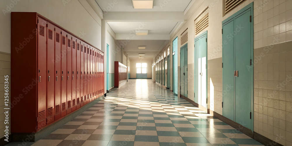 Empty School Corridor With Red Lockers And Sunlight