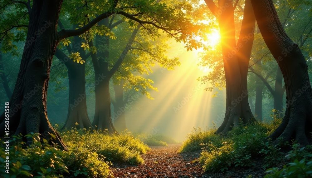 Sun-drenched forest, ancient trees, vibrant foliage, sun, forest scene Sun-drenched forest, ancient trees, vibrant foliage, sun, forest scene