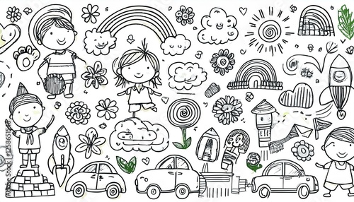Hand drawn cute kid icon set background. Cute drawn sketch style doodle kid element rainbow, car, rocket, flower. Line pencil kid element. perfect any project.