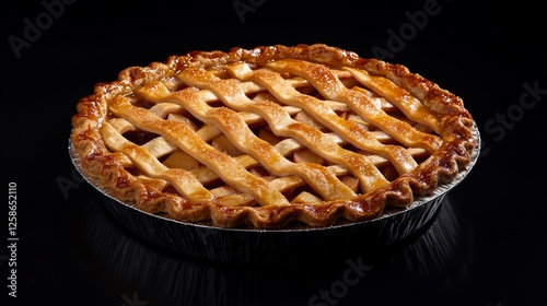 Delicious golden lattice-top apple pie on black background
