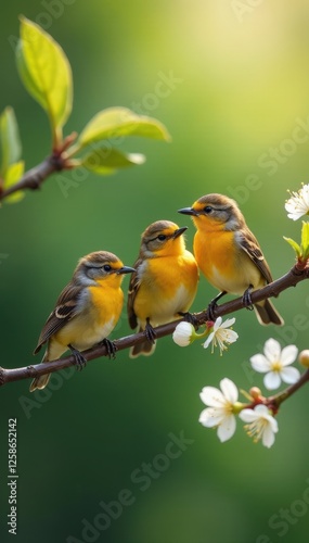 Three tiny birds perched on a blossoming branch, chirping merrily in sunlight , cute, delicate