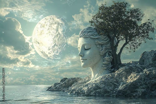 Serene Stone Head Tree and Moon Dreamlike Seascape Fantasy Art