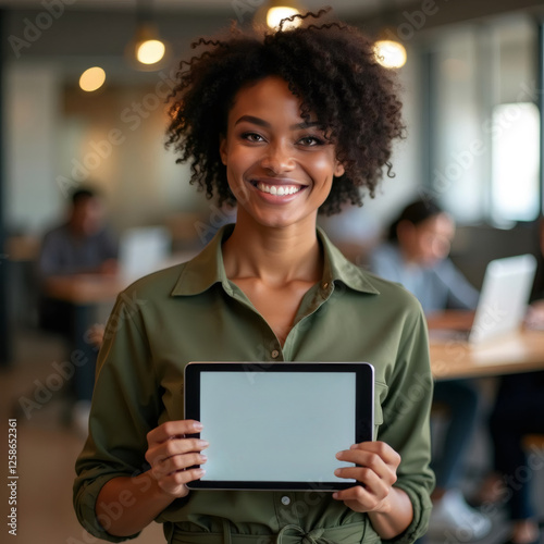 Smiling African American woman with afro hair presenting blank tablet screen in bright office environment  UYT76R
