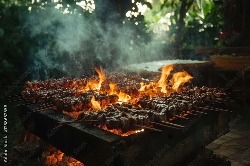 Grilling skewered meat over an open flame in a lush garden setting during a summer evening Grilling skewered meat over an open flame in a lush garden setting during a summer evening