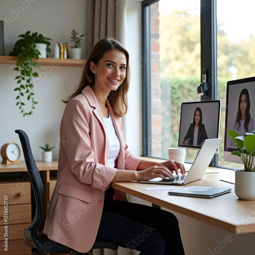 Wallpaper Mural Smiling woman in pink blazer cheerfully working on laptop in bright home office with dual monitors 9UI34R Torontodigital.ca