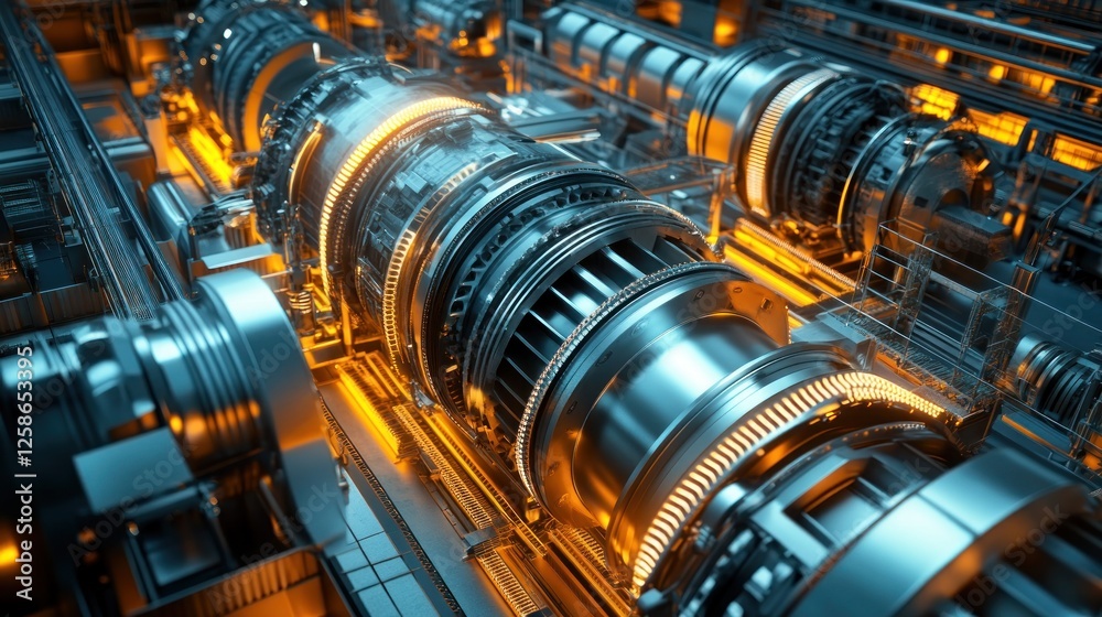 Fototapeta premium Close-up of complex industrial machinery, glowing orange and metallic.