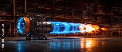 Jet Engine Test with Blue and Orange Flames