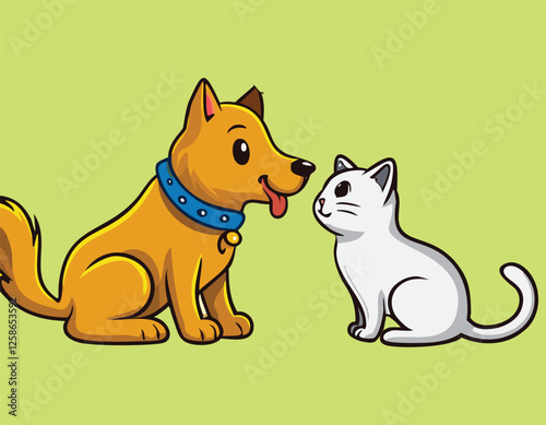 A cute cat and dog friendship simple flat design vector.