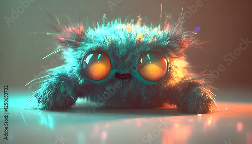 Fluffy creature, digital art, studio shot, cute character design, possible use in children's books or merchandise photo