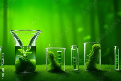 test tube with green plants. Green Plant Essence in Glass Bottles, Natural, Botanical, Herbal, Organic. plant in a glass.Green businesses avoid chemicals that are harmful to the environment. symbolize