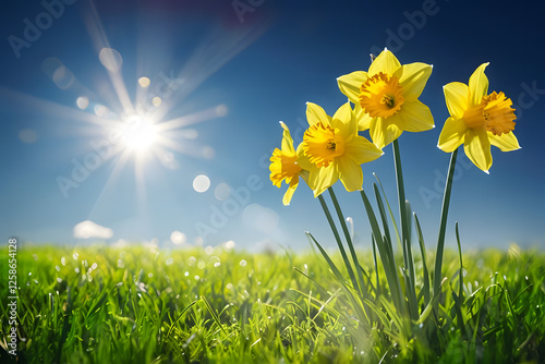 yellow flowers on green background, Vibrant Daffodils Blooming Against A Clear Spring Sky