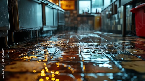 Overflowing grease trap leaking onto a filthy kitchen floor