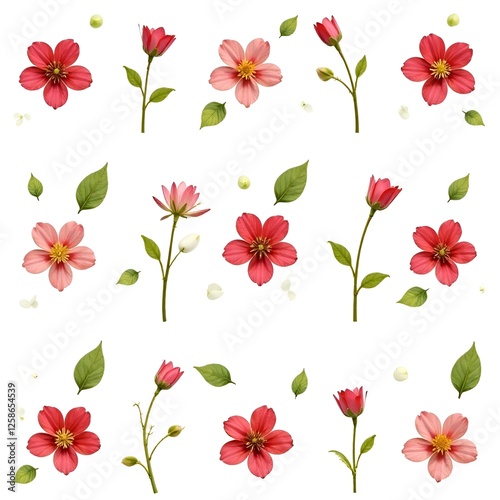 a pattern of spring pink flowers on a white background.