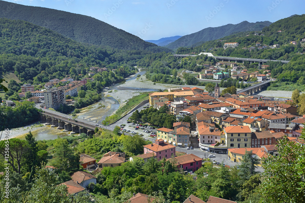 Aulla village from on high, located where the river Magra and Aulella meet, landmark in Tuscany, Italy.