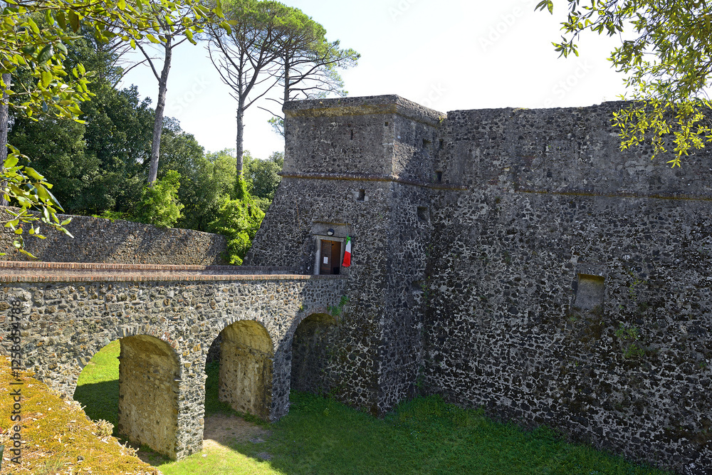 Old Aulla Brunella fortress landmark in Tuscany, Italy. The Brunella Fortress dominates the strategic Aulla village from on high, located where the river Magra and Aulella meet.