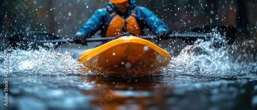 Kayaking Through Splashing Water on a Rainy Day