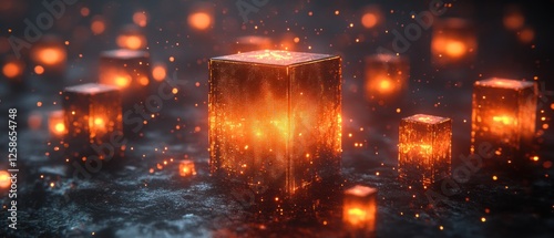 Glowing Metallic Cubes with Orange Lights and Sparkles
