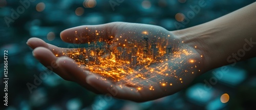 Hand Holding a Cityscape with Glowing Lights