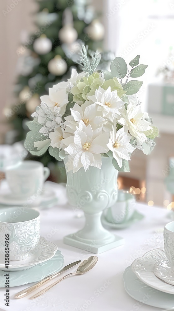 White and Light Green Paper Poinsettia Arrangement on Festive Table Setting White and Light Green Paper Poinsettia Arrangement on Festive Table Setting