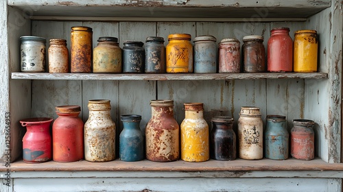 Rusty kitchen shelves covered in dust and expired food containers