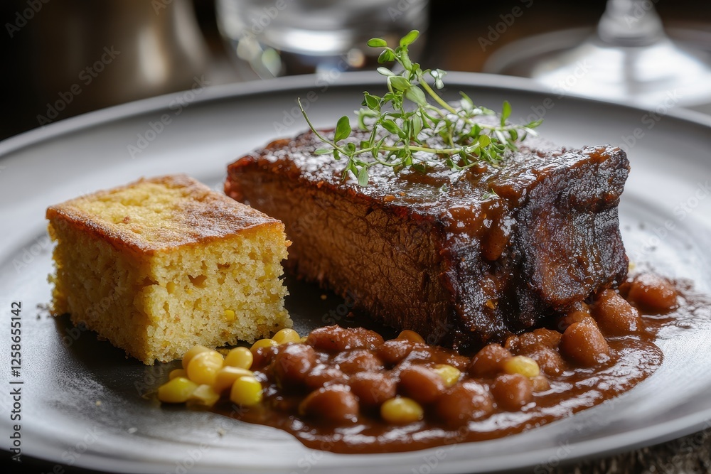Savory brisket served with cornbread and beans at a dining table Savory brisket served with cornbread and beans at a dining table