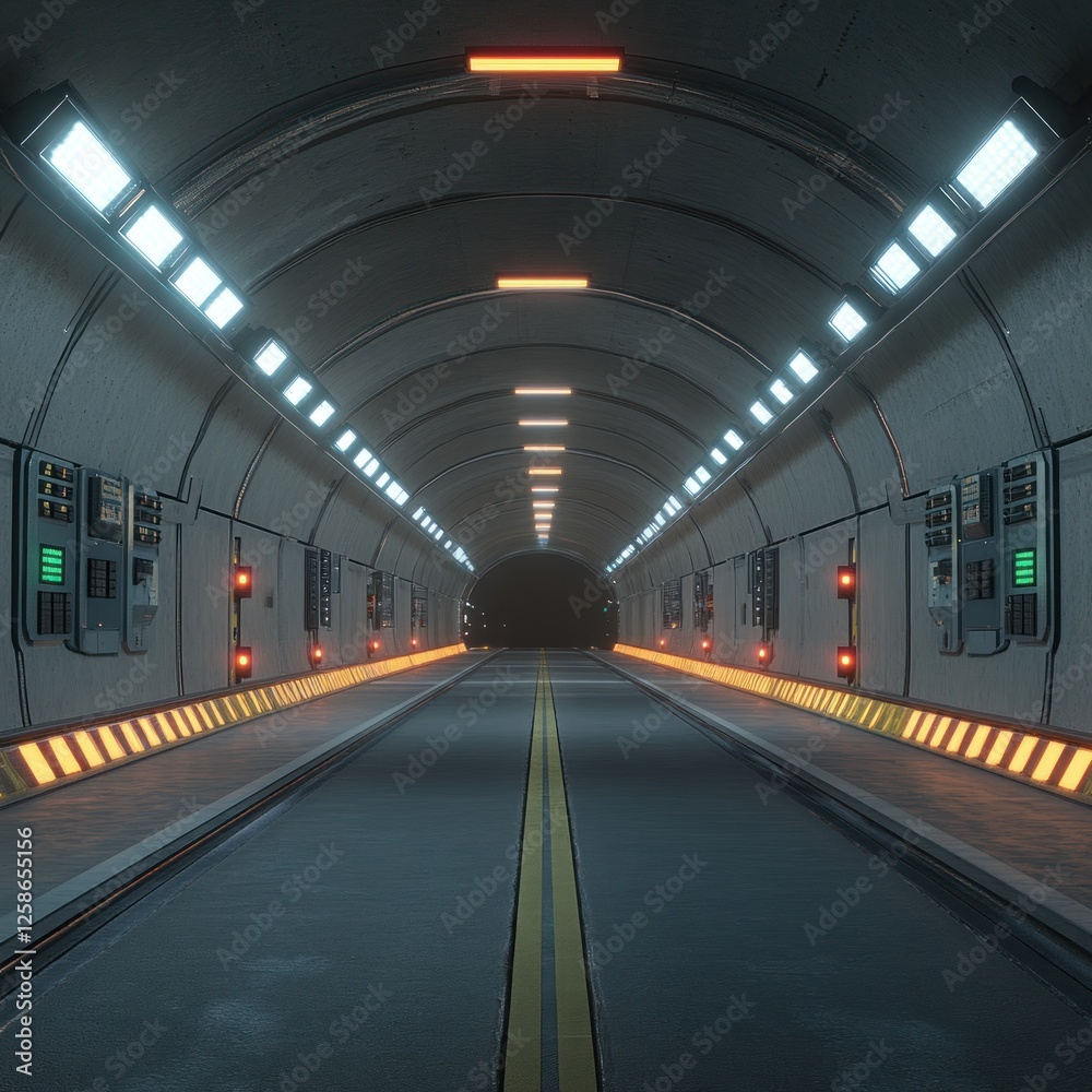Lit tunnel with panel & lane markers, for travel, or futuristic scene Lit tunnel with panel & lane markers, for travel, or futuristic scene