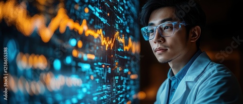 Scientist Analyzing Data on a Large Digital Display