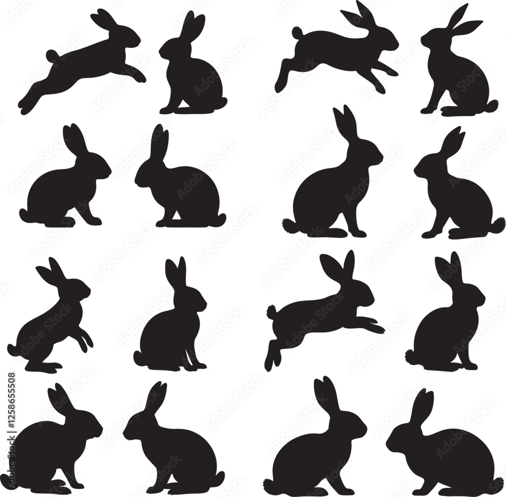 Set of silhouettes of rabbits sitting standing and jumping Set of silhouettes of rabbits sitting standing and jumping