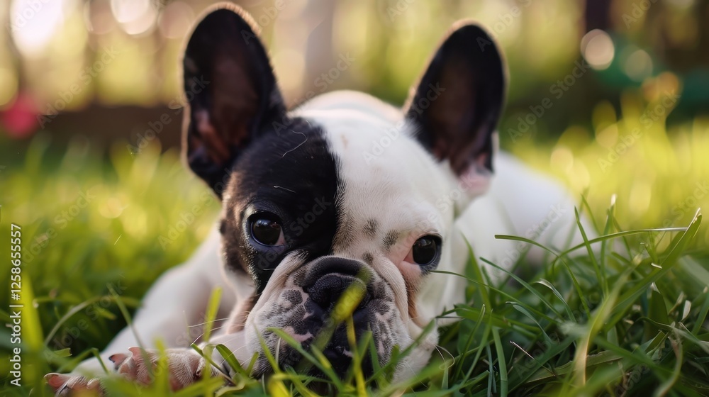 Adorable french bulldog puppy relaxing in sunny garden setting. National Pet First Aid Awareness Month Adorable french bulldog puppy relaxing in sunny garden setting. National Pet First Aid Awareness Month