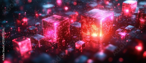 Glowing Red Cubes in a Digital Space