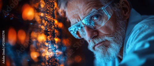 Close-up Portrait of a Senior Man Wearing Safety Glasses with a Blurry Cityscape Reflection in the Lenses