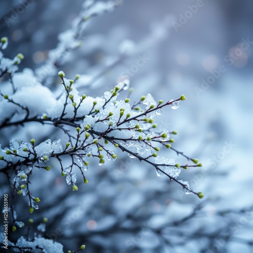 Branches of a bush with little green sprouts covered with snow and ice Bokeh light lights background bokeh abstract light bright effect shiny