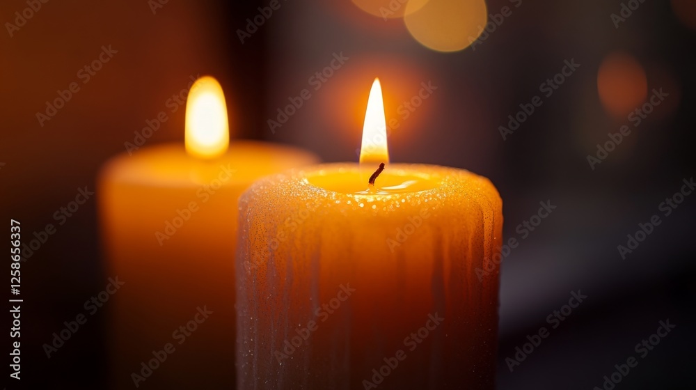 Warm glow of lit candle with melting wax in low light Warm glow of lit candle with melting wax in low light
