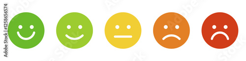 Five colorful emoji faces representing a satisfaction rating scale from happy to sad, used for feedback and surveys.