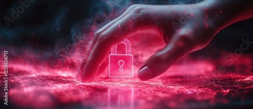 Hand Reaching for Glowing Neon Padlock on Abstract Surface