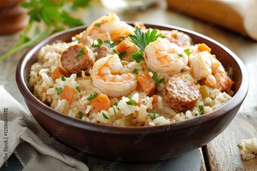 Savory shrimp and sausage rice dish with fresh herbs in a wooden bowl bathed in natural light Savory shrimp and sausage rice dish with fresh herbs in a wooden bowl bathed in natural light