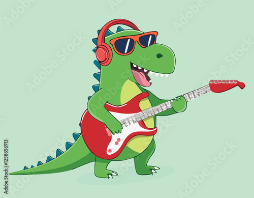 A cartoon of a dinosaur listening music simple vector.