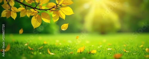 Yellow petals gently fall from a tree branch on a lush green grassy field, foliage, foliage