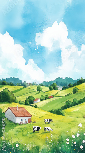 Watercolor illustration of a picturesque dairy farm with cows grazing on rolling green hills under a bright blue sky