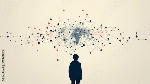 A futuristic digital illustration of a silhouetted figure standing before a global network of connected dots and lines, symbolizing technology, communication, and digital connectivity. AI generated.
