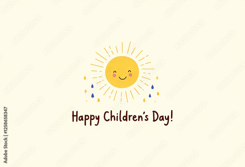 Fototapeta premium Cheerful sun with raindrops celebrates Happy Children's Day, playful theme