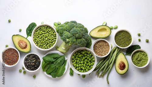 Fotografie vegetarian wholesome green food on white heritage products for vegans and vegeta
