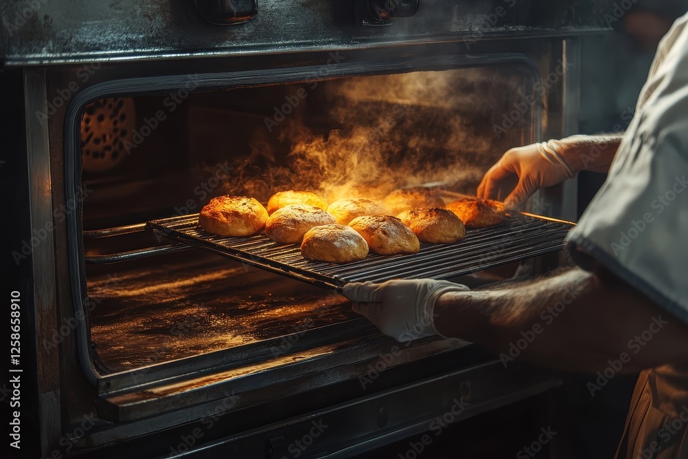 Freshly baked rolls being taken from the oven in a warm kitchen during the evening Freshly baked rolls being taken from the oven in a warm kitchen during the evening