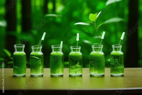 test tube with green plants. Green Plant Essence in Glass Bottles, Natural, Botanical, Herbal, Organic. plant in a glass.Green businesses avoid chemicals that are harmful to the environment. symbolize
