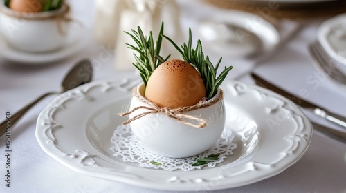 Elegant easter table setting with decorated egg and rosemary in white dish photo