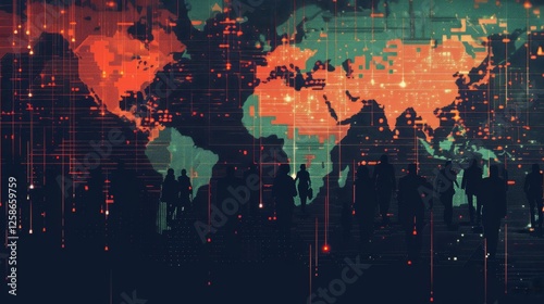Silhouetted people overlaid with digital world maps and network grids, illustrating globalization, connectivity, and AI-driven data systems. AI generated.
