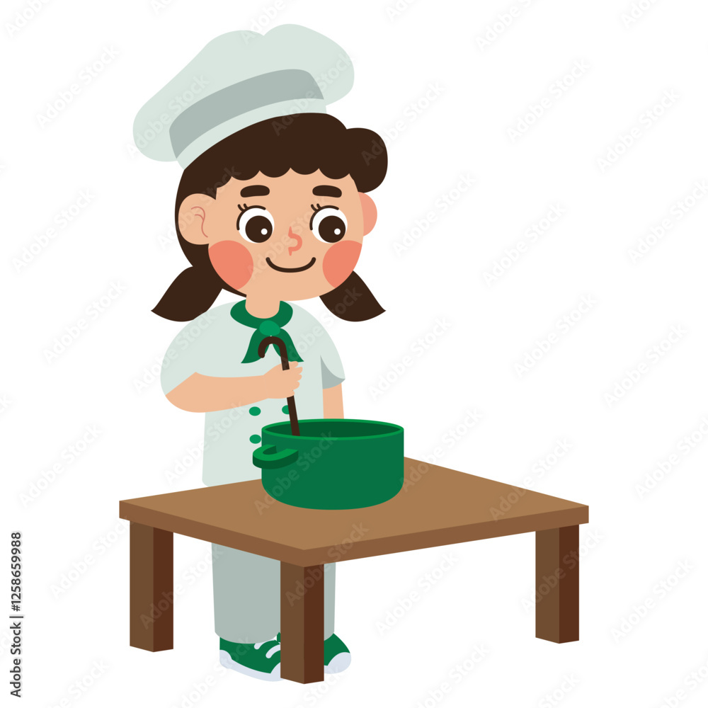 Young chef actively stirring a pot on a kitchen table. Ideal for food blogs, cooking magazines, culinary websites, and recipe cards