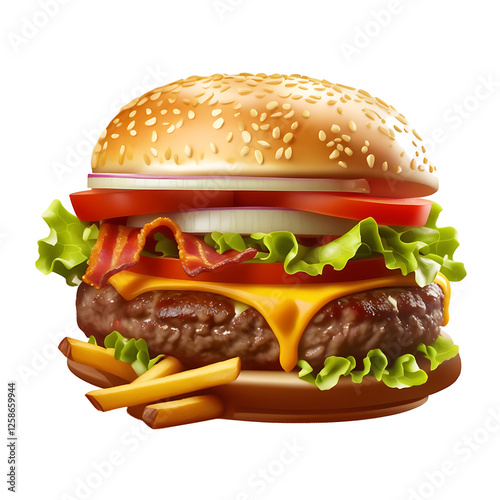  Juicy Cheeseburger with Fresh Beef Patty Isolated on Transparent Background photo