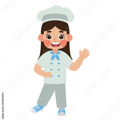 Girl in chef hat and uniform ready for cooking class or restaurant work. Perfect for culinary school brochure or cooking blog