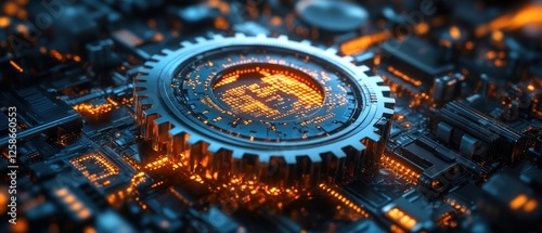 Wallpaper Mural Close-up of a Glowing Gear on a Circuit Board Torontodigital.ca